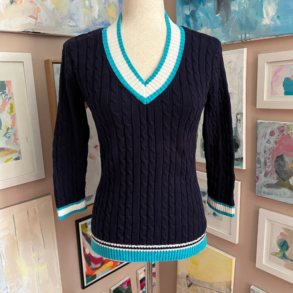Liz & Co Petite Cable Knit V‎ Neck Sweater Navy Teal White Trim Women's Tennis